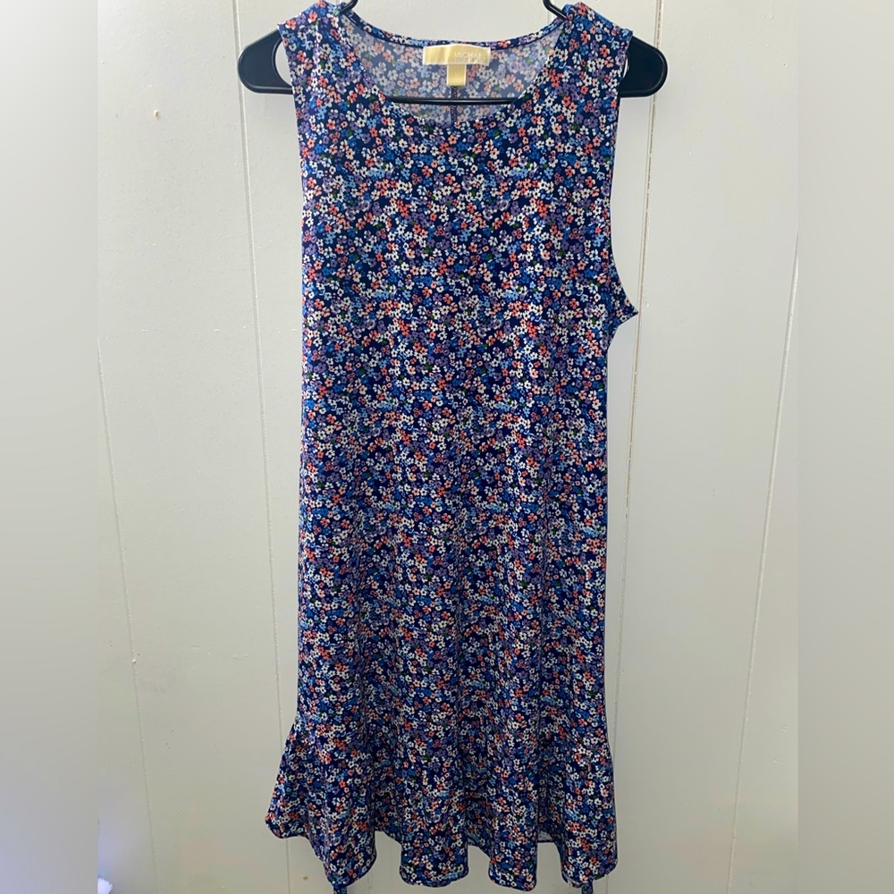 Michael Kors Sleeveless Ditsy Floral Tie Back Shift Dress with Ruffle Edge